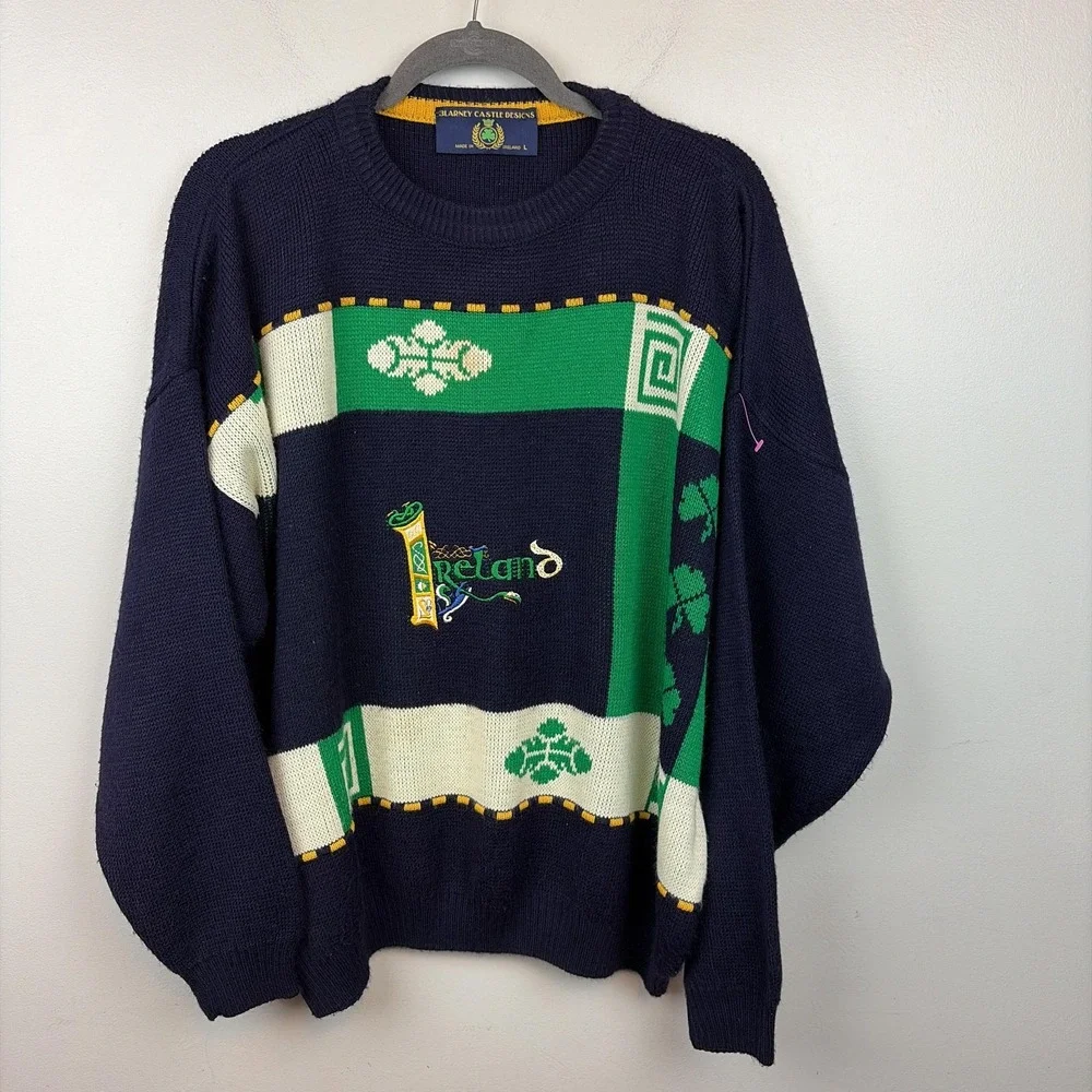 Blarney Castle Designs‎ Sweater Mens Large Blue Ireland Shamrock Knit Pullover